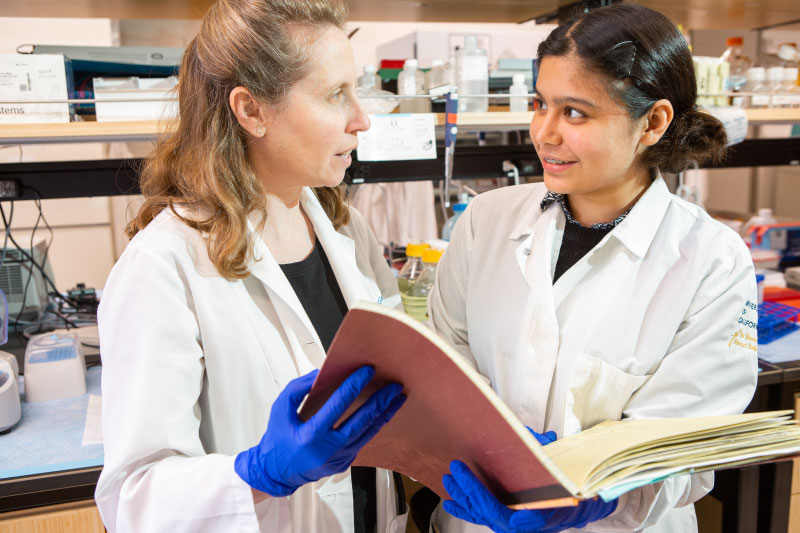 Two scientists wearing white lab coats and blue gloves stand in a laboratory, looking at each other while discussing notes in an open binder.