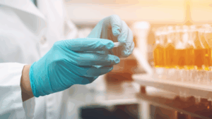 Gloved hands holding a petri dish in a lab